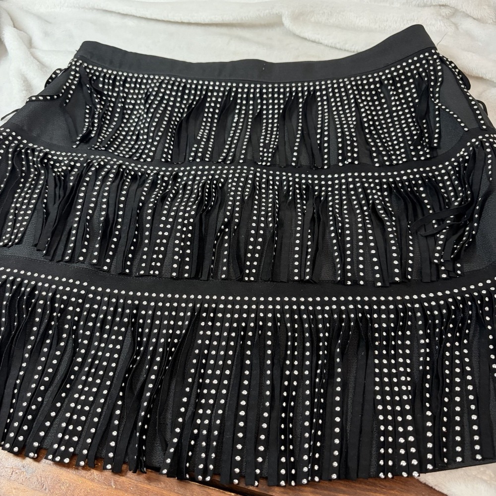 Mainstrip Black Faux Leather Studded Fringe Mini Skirt Large Western Cowgirl EUC - Picture 7 of 8